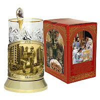 Набор для чая   "Строители" (3 пр.) карт.коробка, хруст.стакан, латунь, гравировка,ложка-нерж.зол. грав.